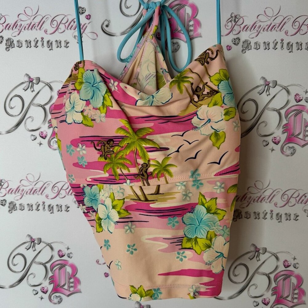 725 originals tankini top monkeys hibiscus vintage Tropical Print Halter Top